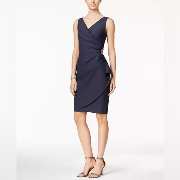 ALEX EVENINGS Navy Corset Top Neoprene Stretch Brooch Ruched
Pleated‎ Dress 14 P - Picture 1 of 7